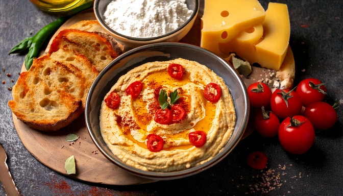 Firefly hummus with tomato and chili pepper, tomatos and chili and bread and cheese next to plate as.jpg
