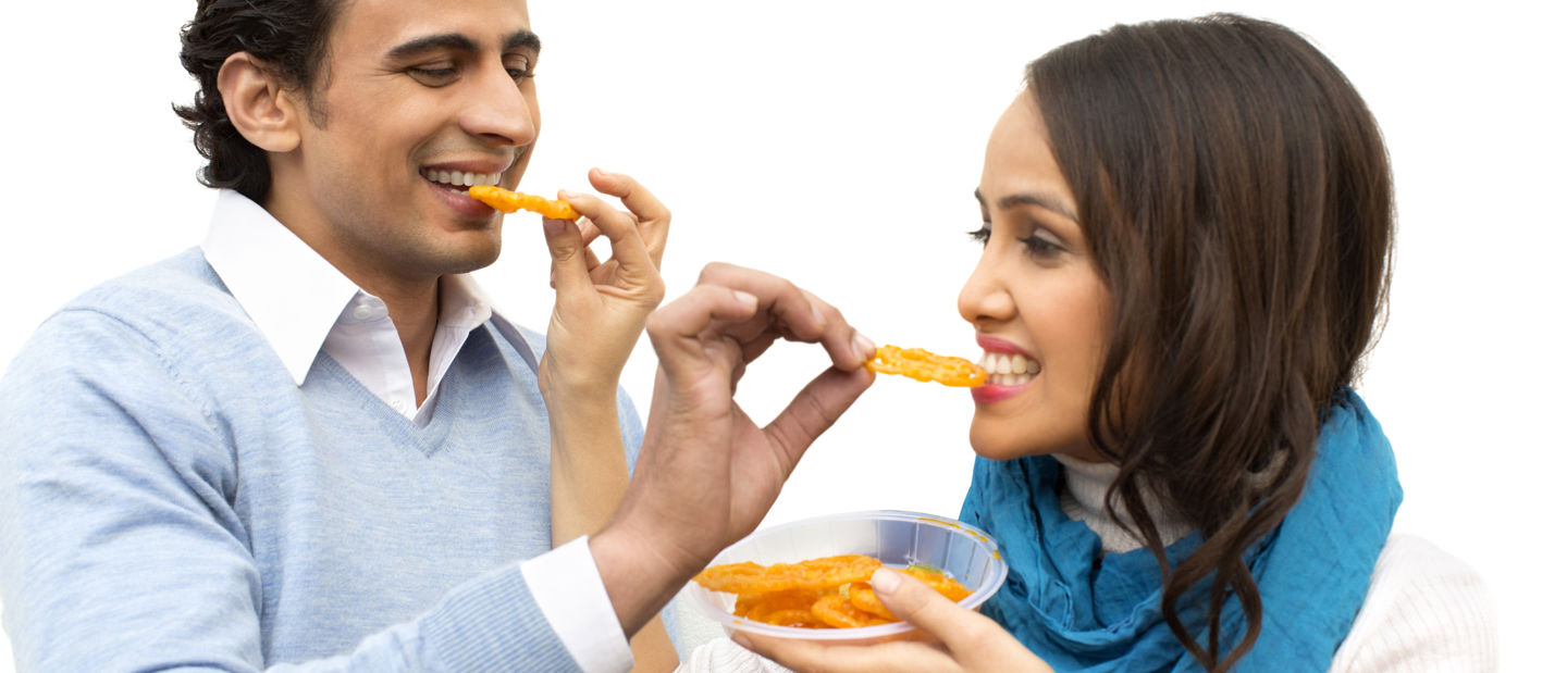 Indian Couple Eating Jalabis Shutterstock 163064756